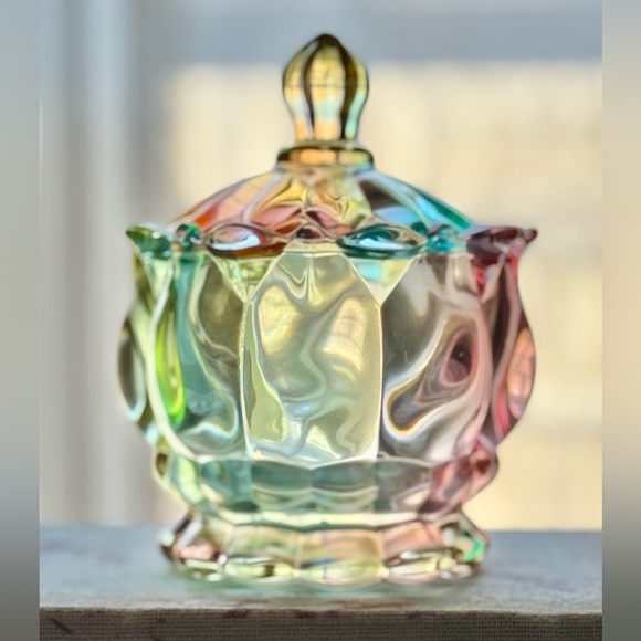 New Rainbow Fluted Flower Glass Jewelry, Trinket, Candy Dish Decor w/ Lid - 4.5” - Picture 3 of 8